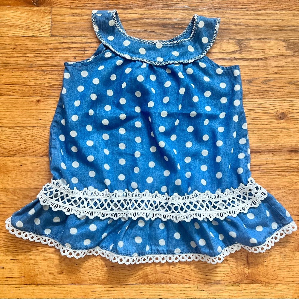 Unik Blue Polka Dot Girls 100% Cotton Dress with White Lace Trim 4T